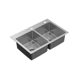 Raviv Pull-Down Faucet and 33-Inch Stainless Steel Double-Bowl Kitchen Sink Kit